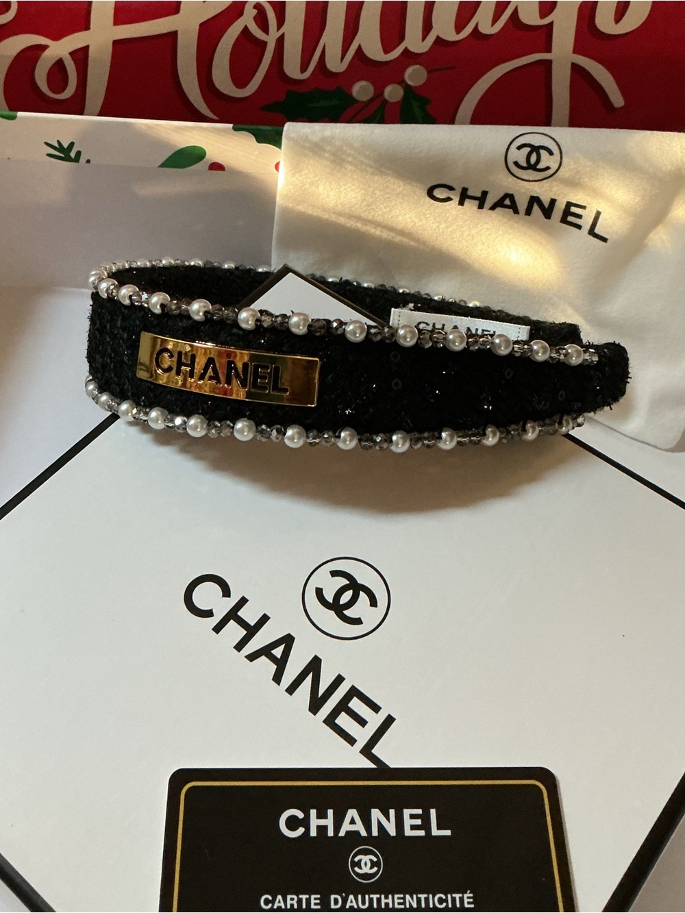 Authentic CHANEL  Black and Gold Pearl-Trim Headband - Picture 11 of 15